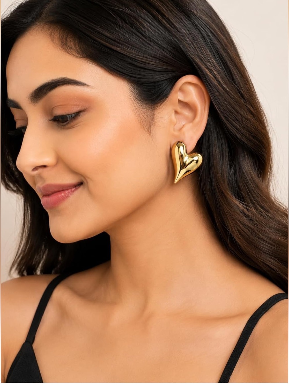 Gold Puffy Heart Stud Earrings 3D Domed Statement - Picture 4 of 5